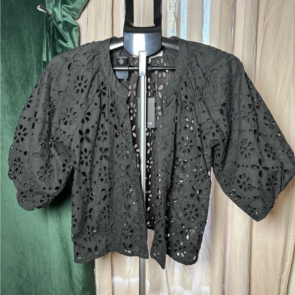 Joe's Jeans Black Eyelet Puff-Sleeve Cropped Top XS
